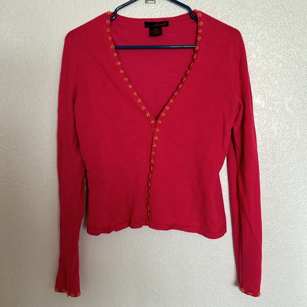 Willi Smith Pink Beaded Flower Cardigan